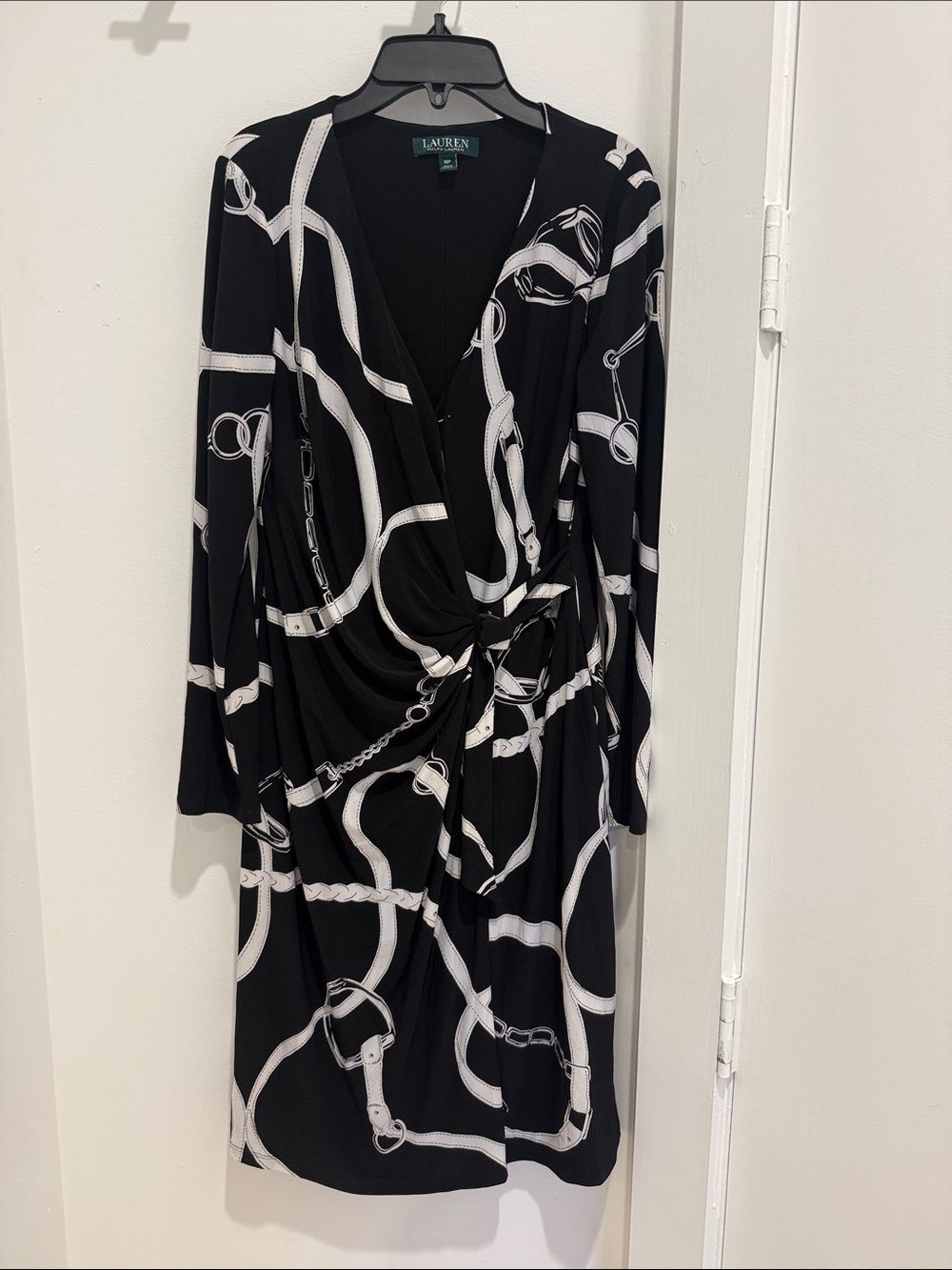 Lauren Ralph Lauren Black Dress with White Chain-Print Wrap Detail